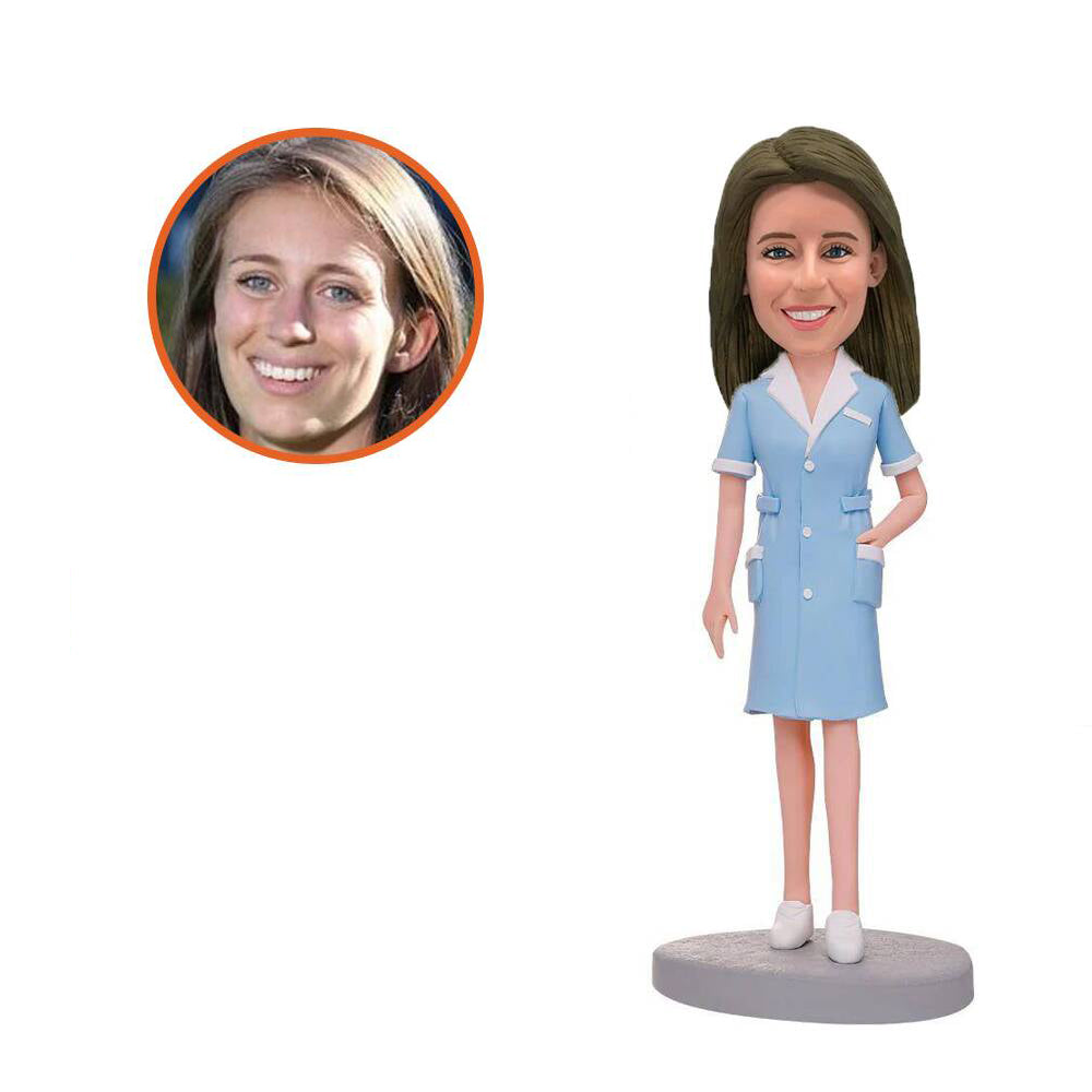Female Nurse in Blue Uniform Custom Bobblehead