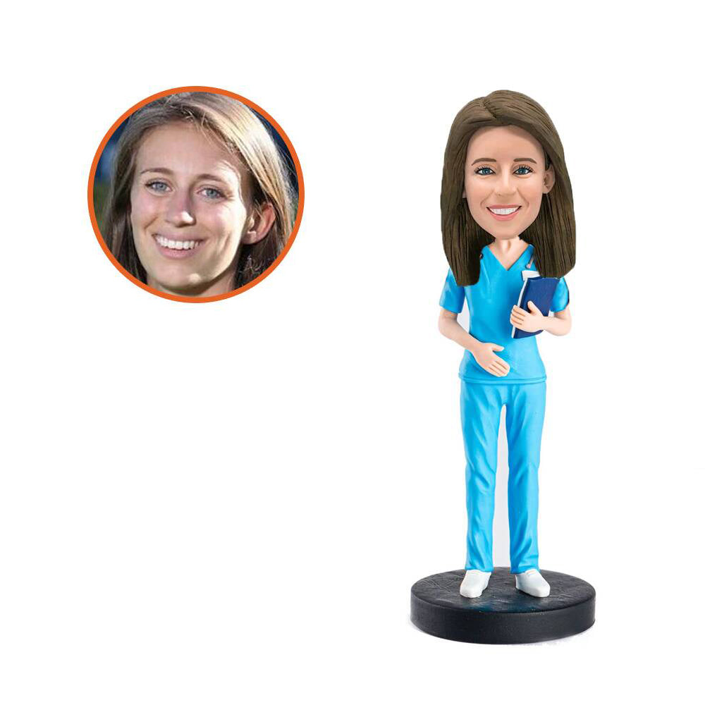 Female Doctor Physician Custom Bobblehead In Blue Surgical Gown