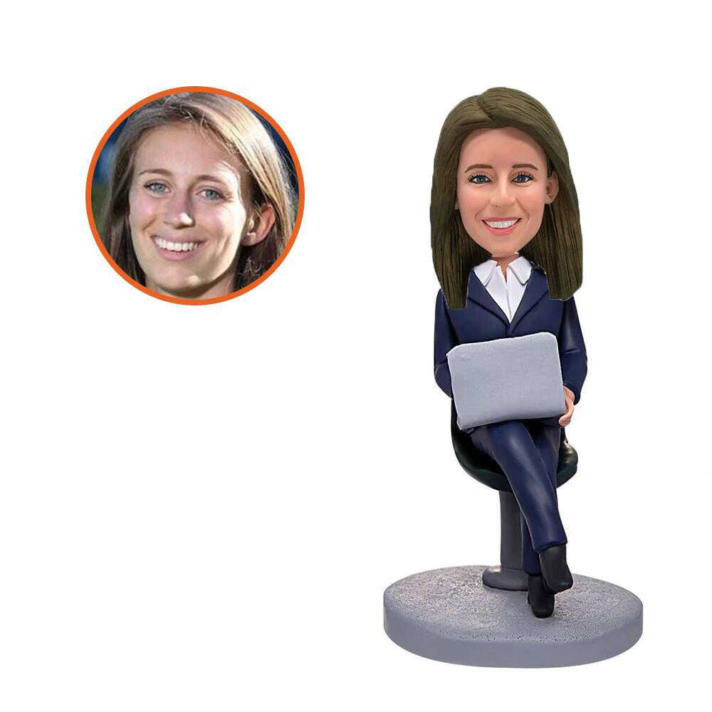 Female Boss Working With Laptop Engraved Text Custom Bobblehead