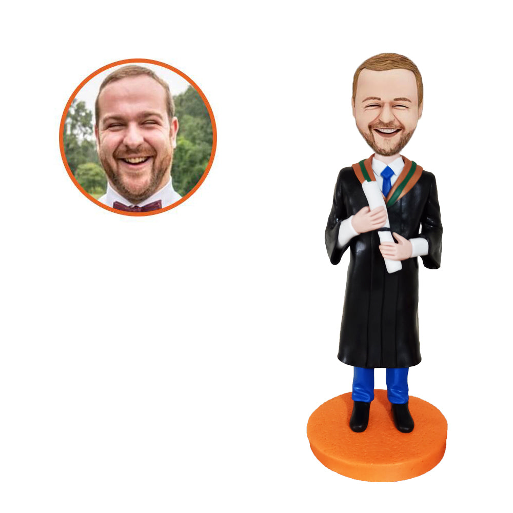Man MBA Graduation Custom Bobblehead in Black Gown